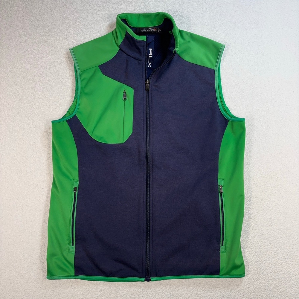 RLX Ralph Lauren Full Zip Vest Men's M Green Navy Colorblock Pockets Logo Golf